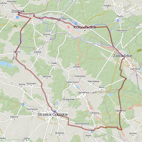 Map miniature of "The Gravel Path to Kolonowskie" cycling inspiration in Opolskie, Poland. Generated by Tarmacs.app cycling route planner