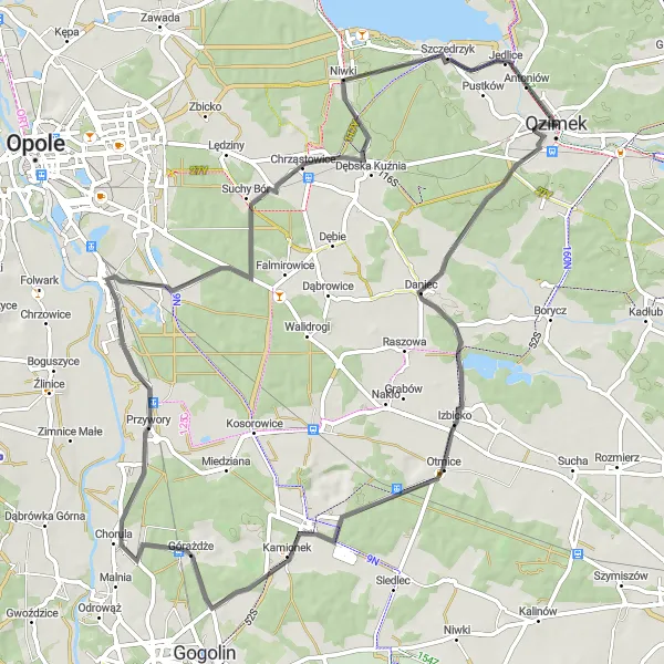 Map miniature of "Izbicko - Przywory - Niwki - Antoniów" cycling inspiration in Opolskie, Poland. Generated by Tarmacs.app cycling route planner