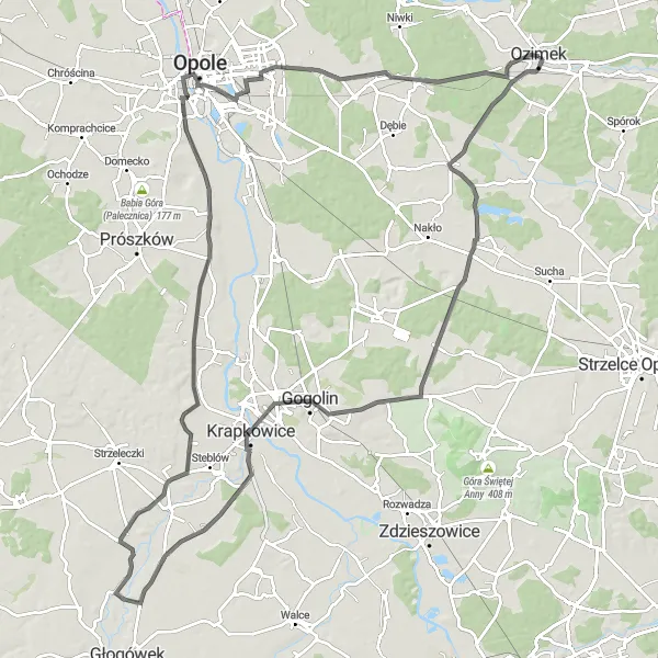 Map miniature of "Izbicko - Otmęt - Nowy Dwór Prudnicki - Pisarzowice - Źlinice - Rathaus - Wieża Piastowska - Lędziny - Schodnia" cycling inspiration in Opolskie, Poland. Generated by Tarmacs.app cycling route planner