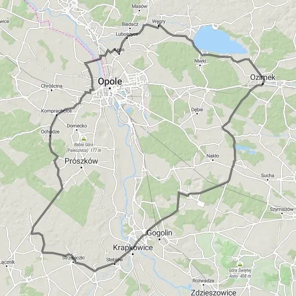 Map miniature of "Izbicko - Otmęt - Ścigów - Osiny - Kotórz Wielki - Antoniów" cycling inspiration in Opolskie, Poland. Generated by Tarmacs.app cycling route planner