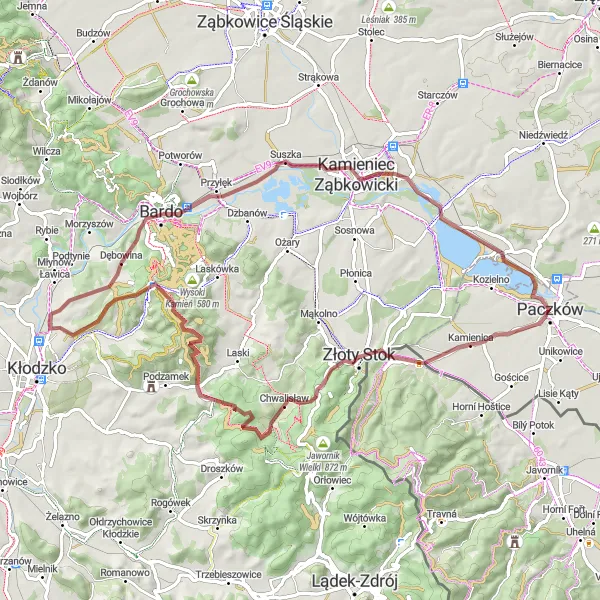 Map miniature of "Scenic Gravel Route to Kozi Grzbiet" cycling inspiration in Opolskie, Poland. Generated by Tarmacs.app cycling route planner