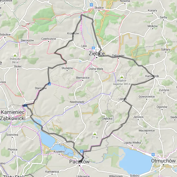 Map miniature of "Paczków and the Surrounding Villages" cycling inspiration in Opolskie, Poland. Generated by Tarmacs.app cycling route planner