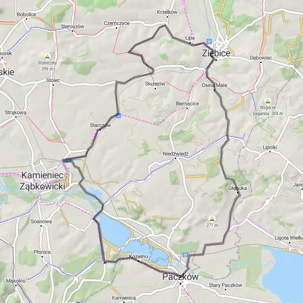 Map miniature of "Exploring Charming Villages: Pełka to Rososznica" cycling inspiration in Opolskie, Poland. Generated by Tarmacs.app cycling route planner