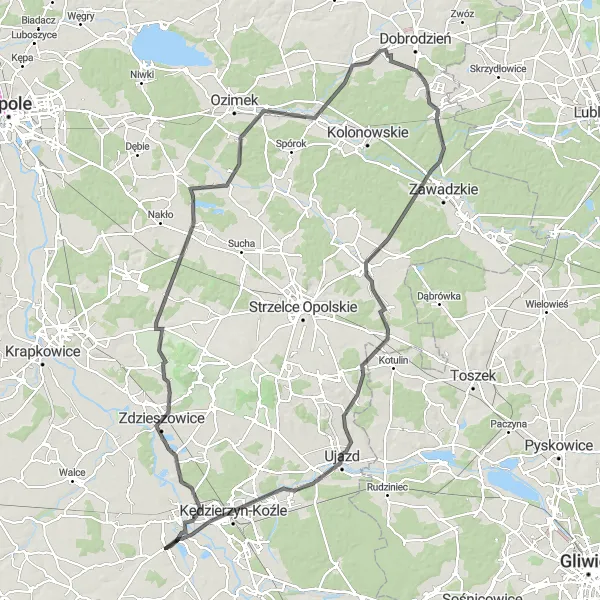 Miniatura mapy "Trasa Szosowa przez Zdzieszowice i Jemielnicę" - trasy rowerowej w Opolskie, Poland. Wygenerowane przez planer tras rowerowych Tarmacs.app
