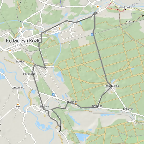 Map miniature of "Ortowice Scenic Route" cycling inspiration in Opolskie, Poland. Generated by Tarmacs.app cycling route planner