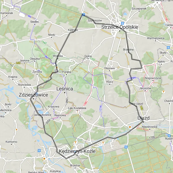Map miniature of "Opolskie Road Cycling Delight: Brzezina to Szymiszów" cycling inspiration in Opolskie, Poland. Generated by Tarmacs.app cycling route planner