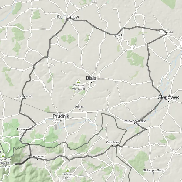 Map miniature of "Epic Castles and Scenic Landscapes: Strzeleczki to Korfantów Road Cycling" cycling inspiration in Opolskie, Poland. Generated by Tarmacs.app cycling route planner