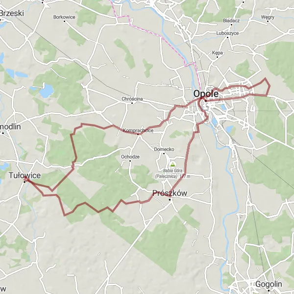 Miniatura mapy "Trasa Gravelowa przez Osiny, Górka Śmierci, Rathaus i Złotniki" - trasy rowerowej w Opolskie, Poland. Wygenerowane przez planer tras rowerowych Tarmacs.app