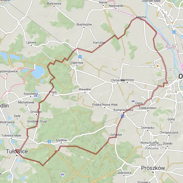Miniatura mapy "Trasa Gravelowa z Tułowic do Pałacu Osinach" - trasy rowerowej w Opolskie, Poland. Wygenerowane przez planer tras rowerowych Tarmacs.app