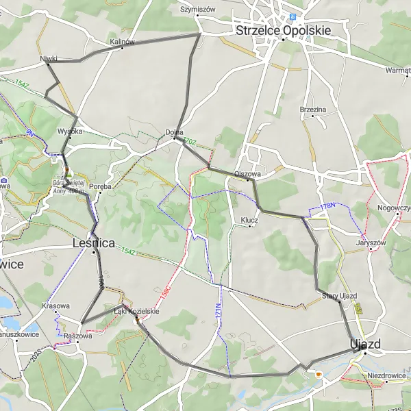 Map miniature of "Exploring Ligota Górna and Kalinów" cycling inspiration in Opolskie, Poland. Generated by Tarmacs.app cycling route planner