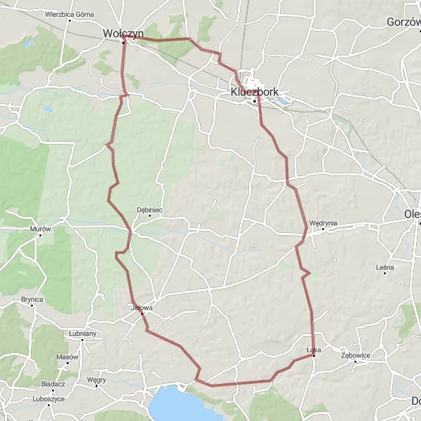 Map miniature of "Through Gravelly Kluczbork" cycling inspiration in Opolskie, Poland. Generated by Tarmacs.app cycling route planner