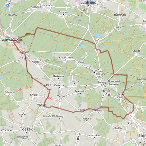 Map miniature of "Strzybnica Gravel Exploration" cycling inspiration in Opolskie, Poland. Generated by Tarmacs.app cycling route planner