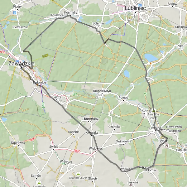 Map miniature of "Koszwice Loop" cycling inspiration in Opolskie, Poland. Generated by Tarmacs.app cycling route planner