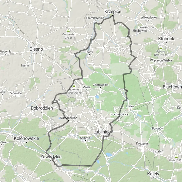 Map miniature of "Jeżowska Górka Challenge" cycling inspiration in Opolskie, Poland. Generated by Tarmacs.app cycling route planner