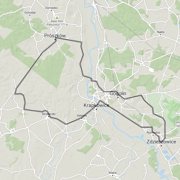 Map miniature of "Prószków Loop" cycling inspiration in Opolskie, Poland. Generated by Tarmacs.app cycling route planner