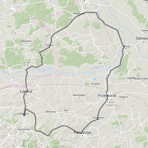 Map miniature of "The Łańcut Circuit" cycling inspiration in Podkarpackie, Poland. Generated by Tarmacs.app cycling route planner