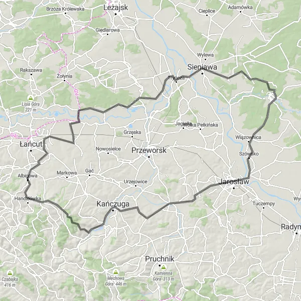 Map miniature of "The San River Route" cycling inspiration in Podkarpackie, Poland. Generated by Tarmacs.app cycling route planner