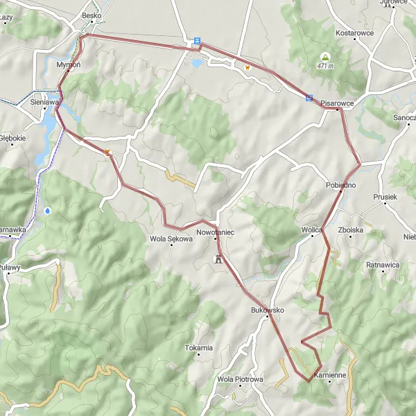 Map miniature of "Besko - Przełom Wisłoka w Mymoniu Round-trip" cycling inspiration in Podkarpackie, Poland. Generated by Tarmacs.app cycling route planner