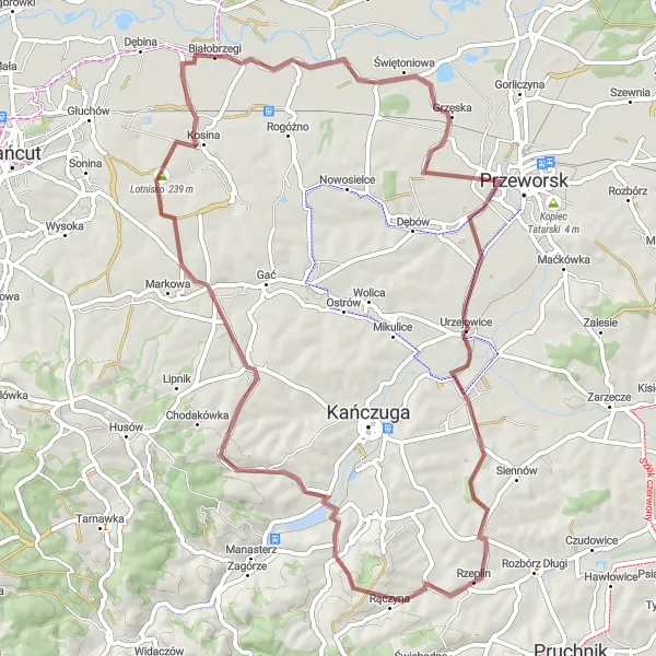 Map miniature of "Krzeczowice Gravel Loop" cycling inspiration in Podkarpackie, Poland. Generated by Tarmacs.app cycling route planner