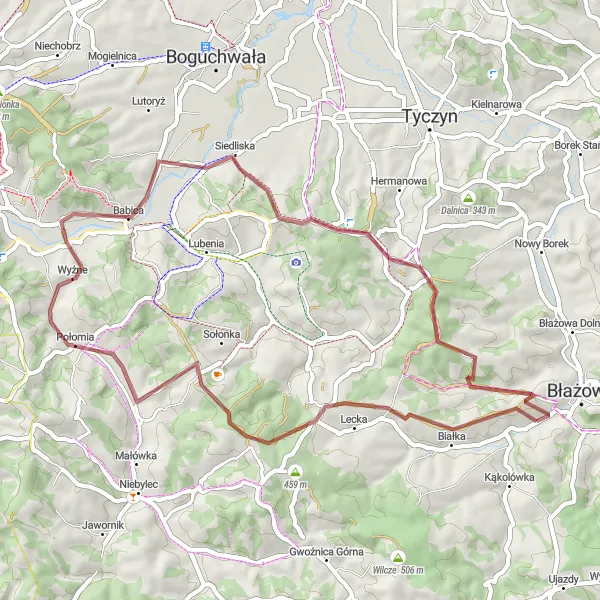 Map miniature of "Błażowa Górna Loop" cycling inspiration in Podkarpackie, Poland. Generated by Tarmacs.app cycling route planner