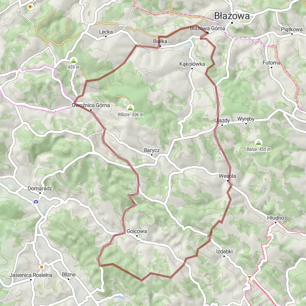 Map miniature of "Exploring Hilly Landscapes" cycling inspiration in Podkarpackie, Poland. Generated by Tarmacs.app cycling route planner