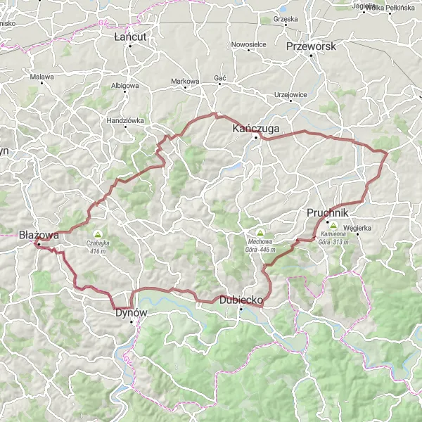 Map miniature of "Countryside Gravel Adventure" cycling inspiration in Podkarpackie, Poland. Generated by Tarmacs.app cycling route planner