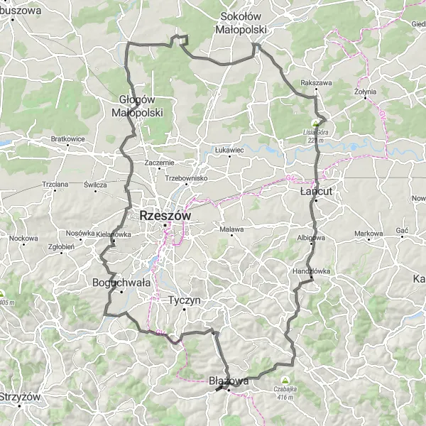 Map miniature of "Lisia Góra Road Challenge" cycling inspiration in Podkarpackie, Poland. Generated by Tarmacs.app cycling route planner