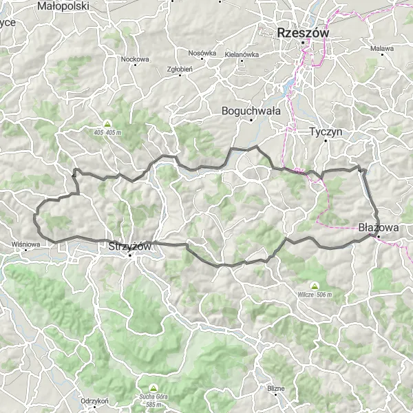 Map miniature of "Blazowa and Surrounding Villages" cycling inspiration in Podkarpackie, Poland. Generated by Tarmacs.app cycling route planner