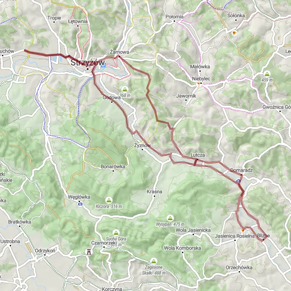 Map miniature of "Gravel Adventure around Blizne" cycling inspiration in Podkarpackie, Poland. Generated by Tarmacs.app cycling route planner