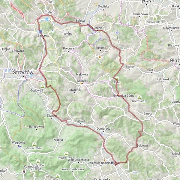 Map miniature of "Scenic Gravel Ride to Góra św. Michała" cycling inspiration in Podkarpackie, Poland. Generated by Tarmacs.app cycling route planner