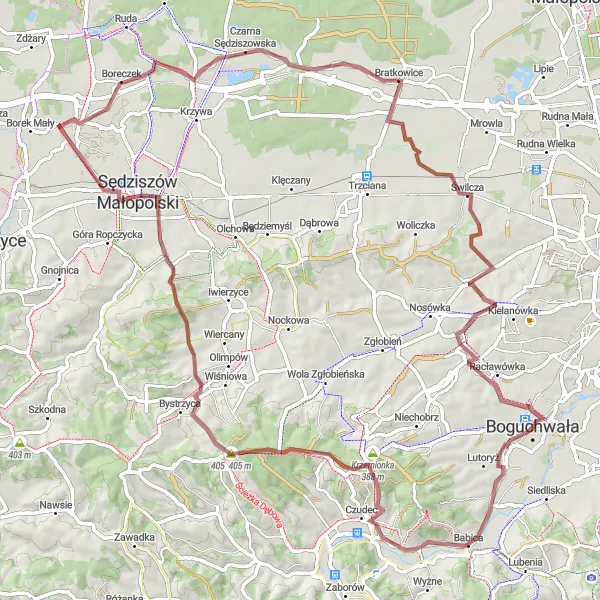 Miniatura mapy "Trasa Szlakiem Krzemionki i Sędziszowa" - trasy rowerowej w Podkarpackie, Poland. Wygenerowane przez planer tras rowerowych Tarmacs.app