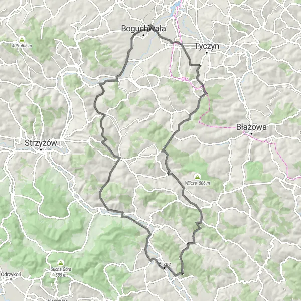 Map miniature of "The Castle Loop" cycling inspiration in Podkarpackie, Poland. Generated by Tarmacs.app cycling route planner