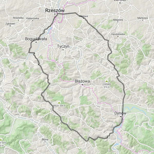 Map miniature of "Boguchwała to Straszydle Loop" cycling inspiration in Podkarpackie, Poland. Generated by Tarmacs.app cycling route planner