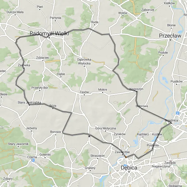 Map miniature of "Radomyśl Wielki Escape" cycling inspiration in Podkarpackie, Poland. Generated by Tarmacs.app cycling route planner