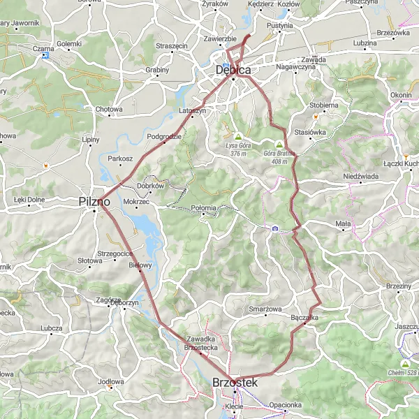 Map miniature of "Discovering Brzostek's Gravel Trails" cycling inspiration in Podkarpackie, Poland. Generated by Tarmacs.app cycling route planner