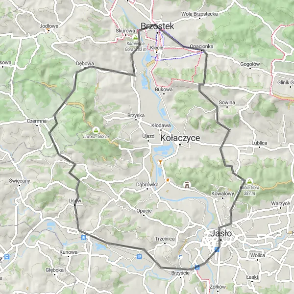 Miniatura mapy "Przejazd przez Sowinę, Babią Górę i Błażkową" - trasy rowerowej w Podkarpackie, Poland. Wygenerowane przez planer tras rowerowych Tarmacs.app