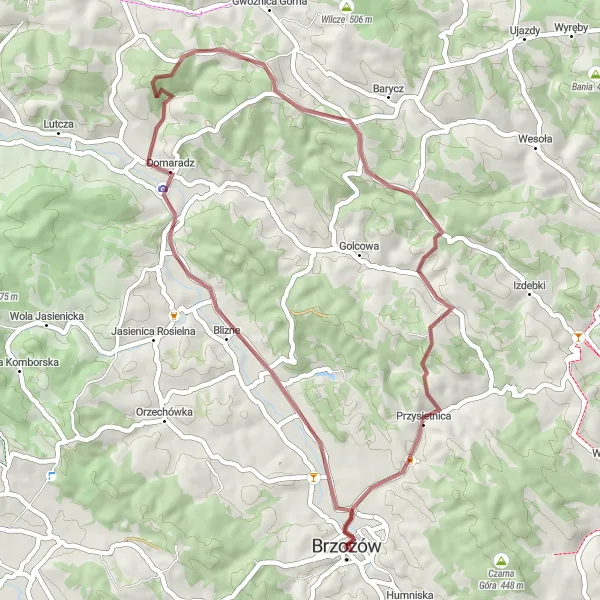 Miniatura mapy "Trasa Gravelowa przez Podkarpackie Góry" - trasy rowerowej w Podkarpackie, Poland. Wygenerowane przez planer tras rowerowych Tarmacs.app