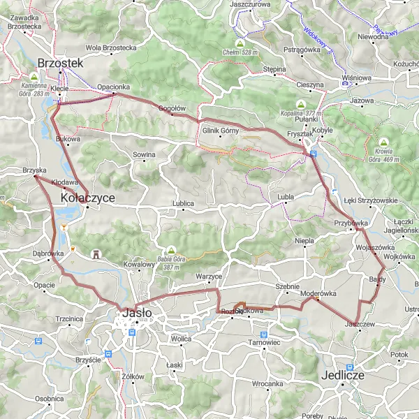 Miniatura mapy "Trasa szutrowa przez Kołaczyce i Jasło" - trasy rowerowej w Podkarpackie, Poland. Wygenerowane przez planer tras rowerowych Tarmacs.app