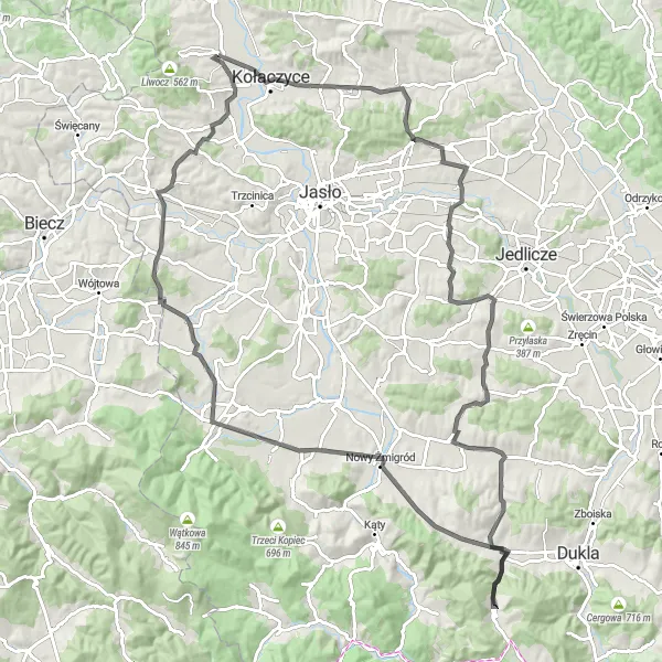 Map miniature of "Rugged Wilderness Challenge" cycling inspiration in Podkarpackie, Poland. Generated by Tarmacs.app cycling route planner