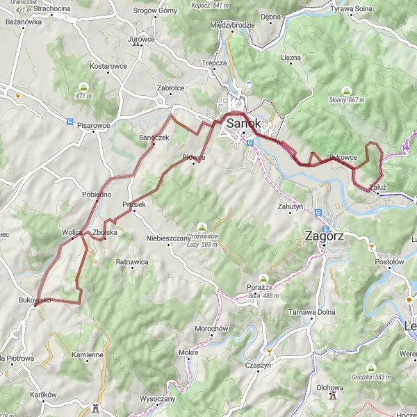 Map miniature of "Hidden Gems Gravel Route" cycling inspiration in Podkarpackie, Poland. Generated by Tarmacs.app cycling route planner