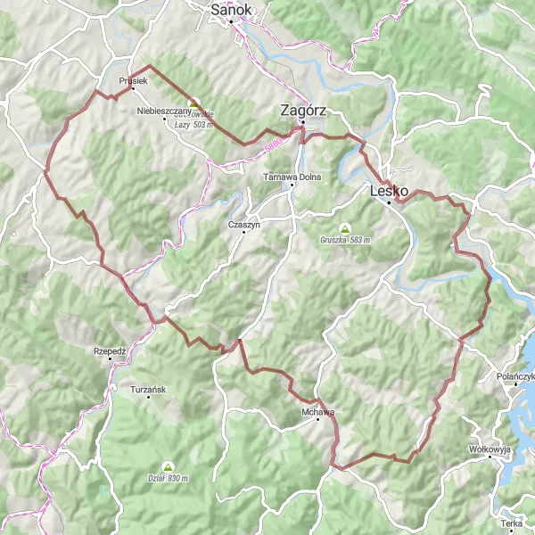 Miniatura mapy "Trasa Gravelowa przez Góry i Zamek" - trasy rowerowej w Podkarpackie, Poland. Wygenerowane przez planer tras rowerowych Tarmacs.app
