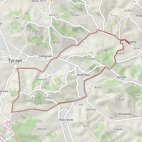 Map miniature of "Borek Stary, Dalnica, and Kielnarowa Gravel Circuit" cycling inspiration in Podkarpackie, Poland. Generated by Tarmacs.app cycling route planner