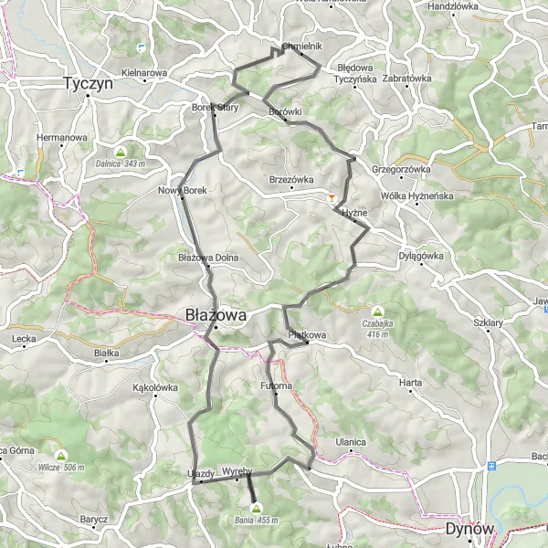 Map miniature of "Chmielnik Loop" cycling inspiration in Podkarpackie, Poland. Generated by Tarmacs.app cycling route planner