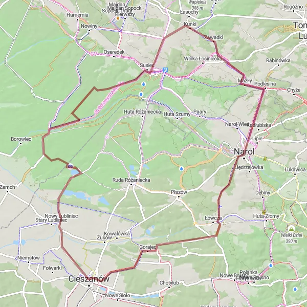 Miniatura mapy "Trasa gravelowa z Nowym Lublińcem" - trasy rowerowej w Podkarpackie, Poland. Wygenerowane przez planer tras rowerowych Tarmacs.app