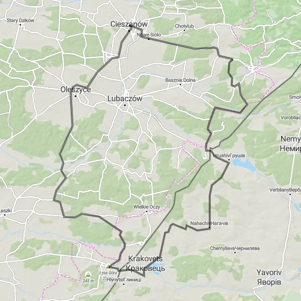 Map miniature of "Majestic Oleszyce Trail" cycling inspiration in Podkarpackie, Poland. Generated by Tarmacs.app cycling route planner