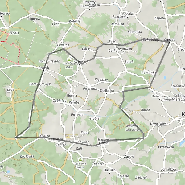 Map miniature of "Short and Sweet Ride" cycling inspiration in Podkarpackie, Poland. Generated by Tarmacs.app cycling route planner