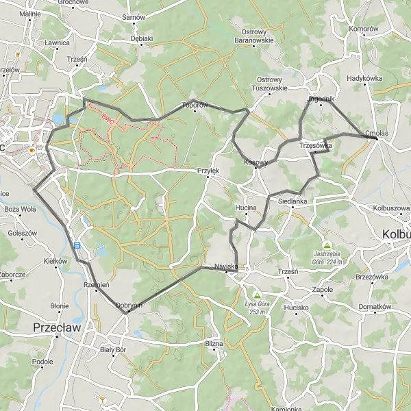 Map miniature of "Countryside Bliss" cycling inspiration in Podkarpackie, Poland. Generated by Tarmacs.app cycling route planner