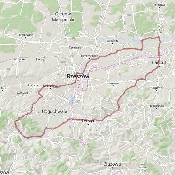 Map miniature of "Route 355815" cycling inspiration in Podkarpackie, Poland. Generated by Tarmacs.app cycling route planner