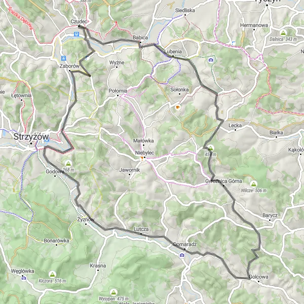 Miniatura mapy "Trasa szosowa w okolicach Czudca" - trasy rowerowej w Podkarpackie, Poland. Wygenerowane przez planer tras rowerowych Tarmacs.app
