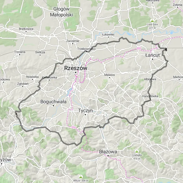 Map miniature of "Road Cycling Loop through Zabierzów and Góra Zamkowa" cycling inspiration in Podkarpackie, Poland. Generated by Tarmacs.app cycling route planner